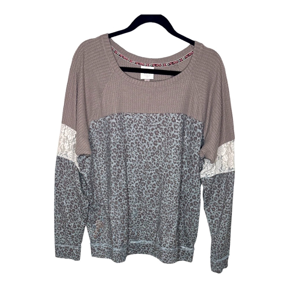 Knox Rose Thermal Animal Print and Lace Mixed Long Sleeve Thermal Shirt XXL